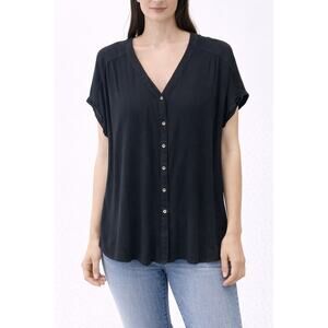 ORVIS Black Textured Rayon Button Front V-Neck Lightweight Blouse Top | Large